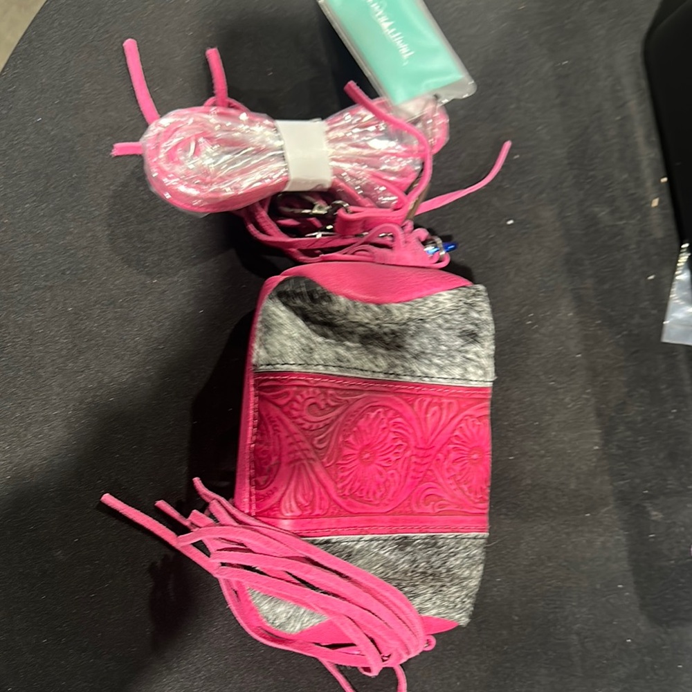 Pink and Gray Crossbody Bag with Fringe Details